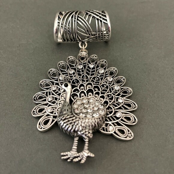 Silver-tone Peacock Pendant Rhinestones Scarf Necklace Fashion Jewelry NWOT - Picture 2 of 4